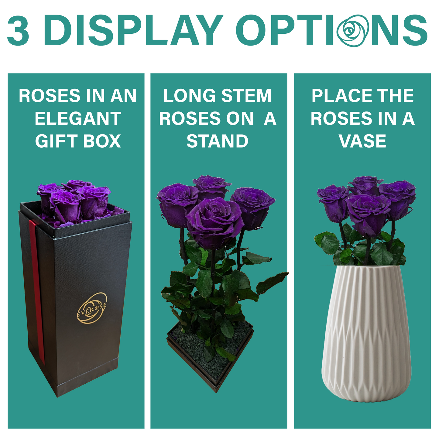 4 Purple Preserved Real Rose Flowers in a Gift Box